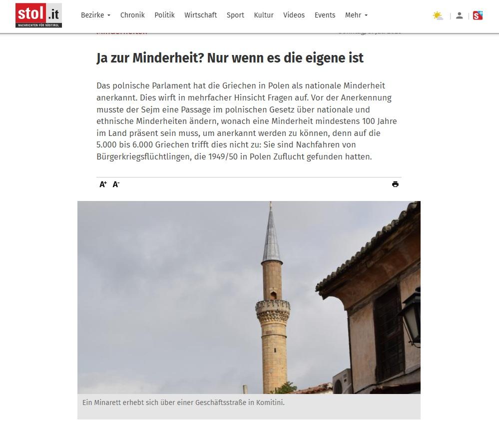 İtalya’daki Almanca haber portalında Batı Trakya Türk Azınlığı hakkında haber-makale